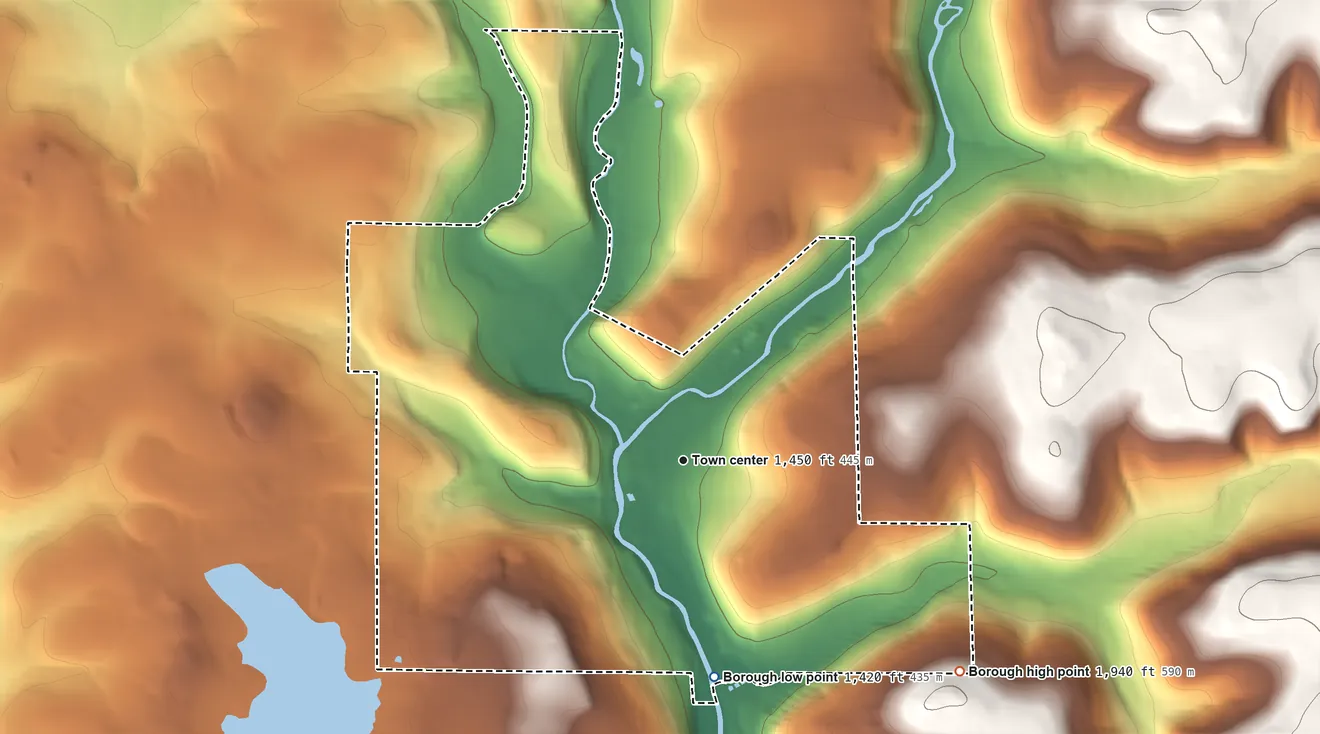 Topographic elevation map of Johnsonburg, Pennsylvania, shaded from 1,420 ft on the south side to 1,940 ft on the southeast side