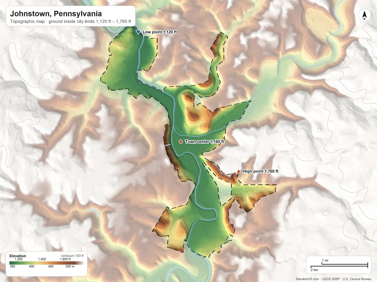 Topographic elevation map of Johnstown, Pennsylvania, shaded from 1,120 ft on the north side to 1,760 ft at the foot of the Laurel Hill