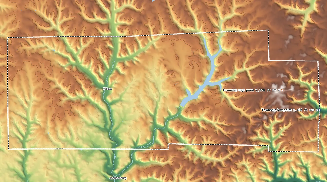 Topographic elevation map of Jones Township, Pennsylvania, shaded from 1,400 ft on the east side to 2,370 ft on the east side