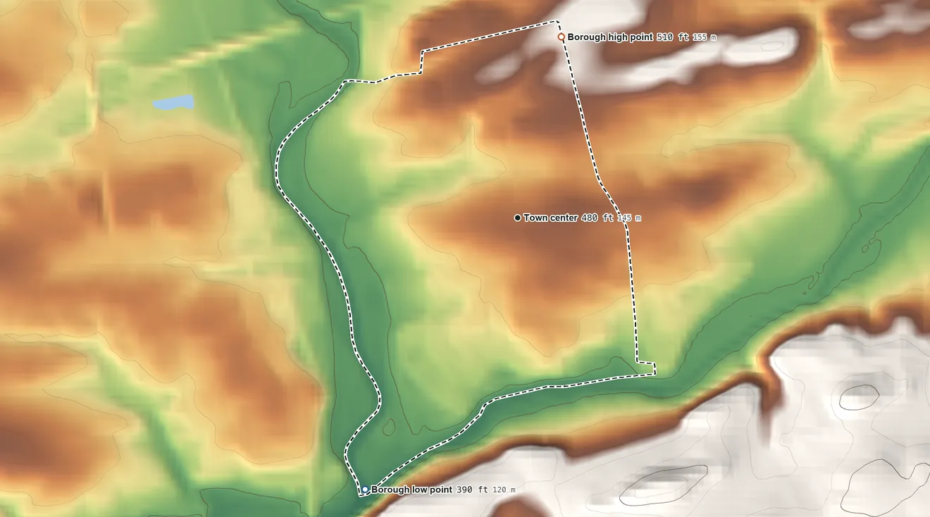 Topographic elevation map of Jonestown, Pennsylvania, shaded from 390 ft on the southwest side to 510 ft on the north side