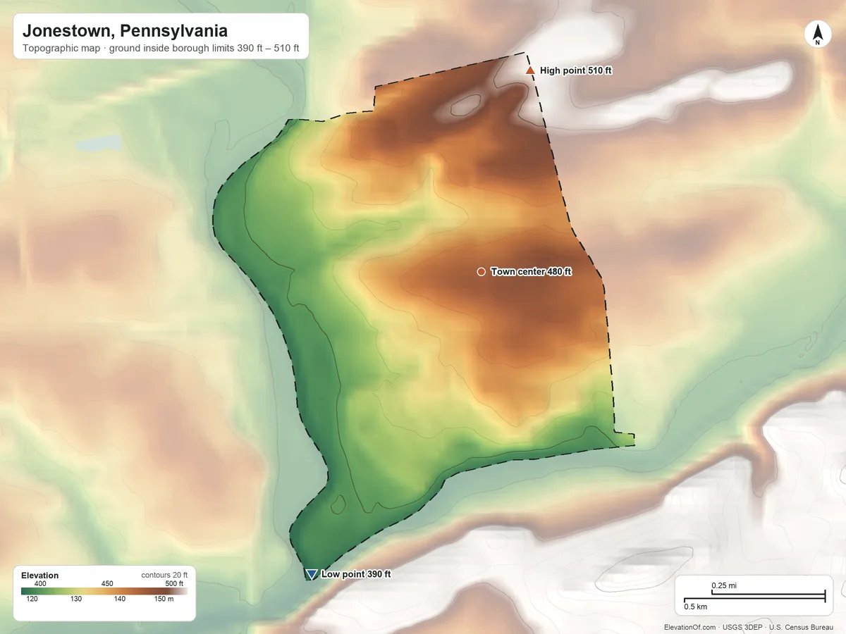 Topographic elevation map of Jonestown, Pennsylvania, shaded from 390 ft on the southwest side to 510 ft on the north side