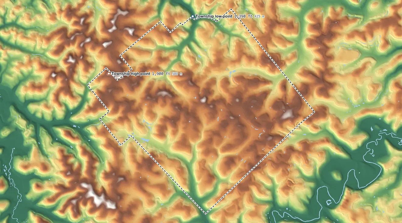 Topographic elevation map of Jordan Township, Clearfield County, Pennsylvania, shaded from 1,390 ft on the north side to 1,900 ft on the west side