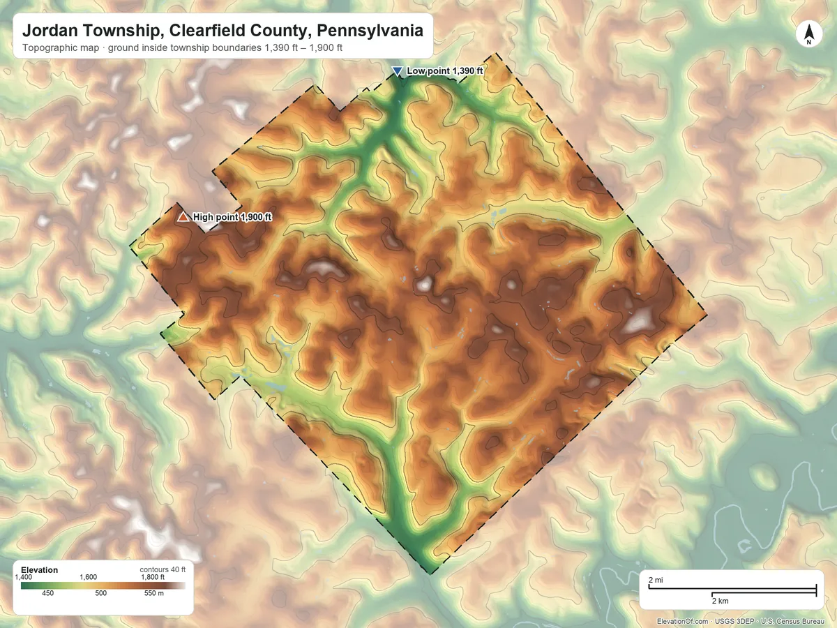 Topographic elevation map of Jordan Township, Clearfield County, Pennsylvania, shaded from 1,390 ft on the north side to 1,900 ft on the west side