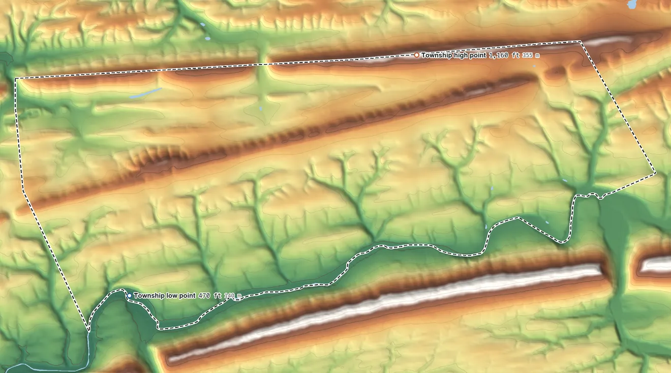 Topographic elevation map of Jordan Township, Northumberland County, Pennsylvania, shaded from 470 ft on the southwest side to 1,160 ft on Hooflander Mountain