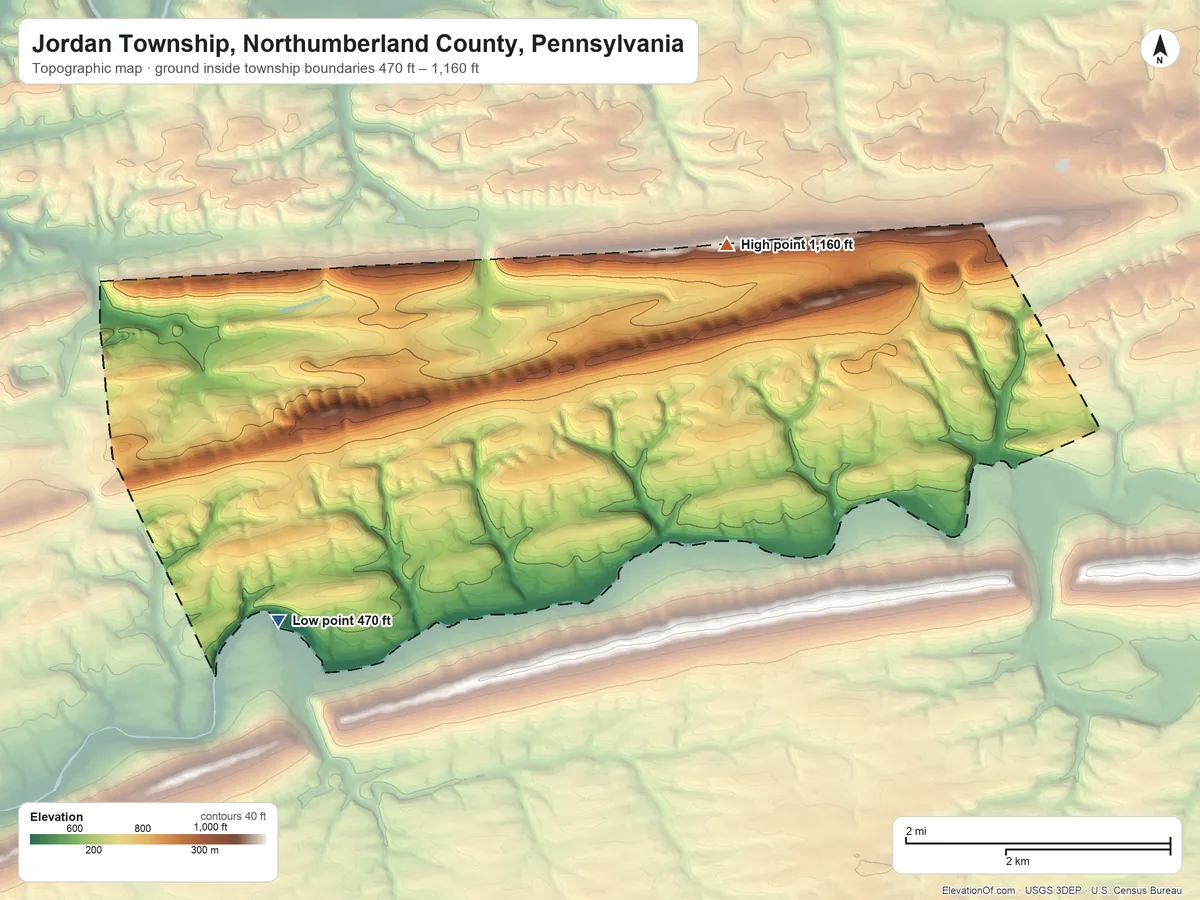 Topographic elevation map of Jordan Township, Northumberland County, Pennsylvania, shaded from 470 ft on the southwest side to 1,160 ft on Hooflander Mountain