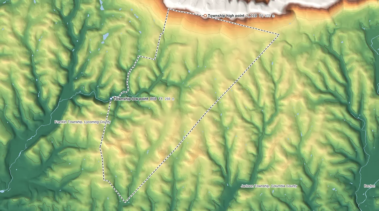 Topographic elevation map of Jordan Township, Pennsylvania, shaded from 860 ft on the west side to 2,210 ft at the foot of the Muncy Hills