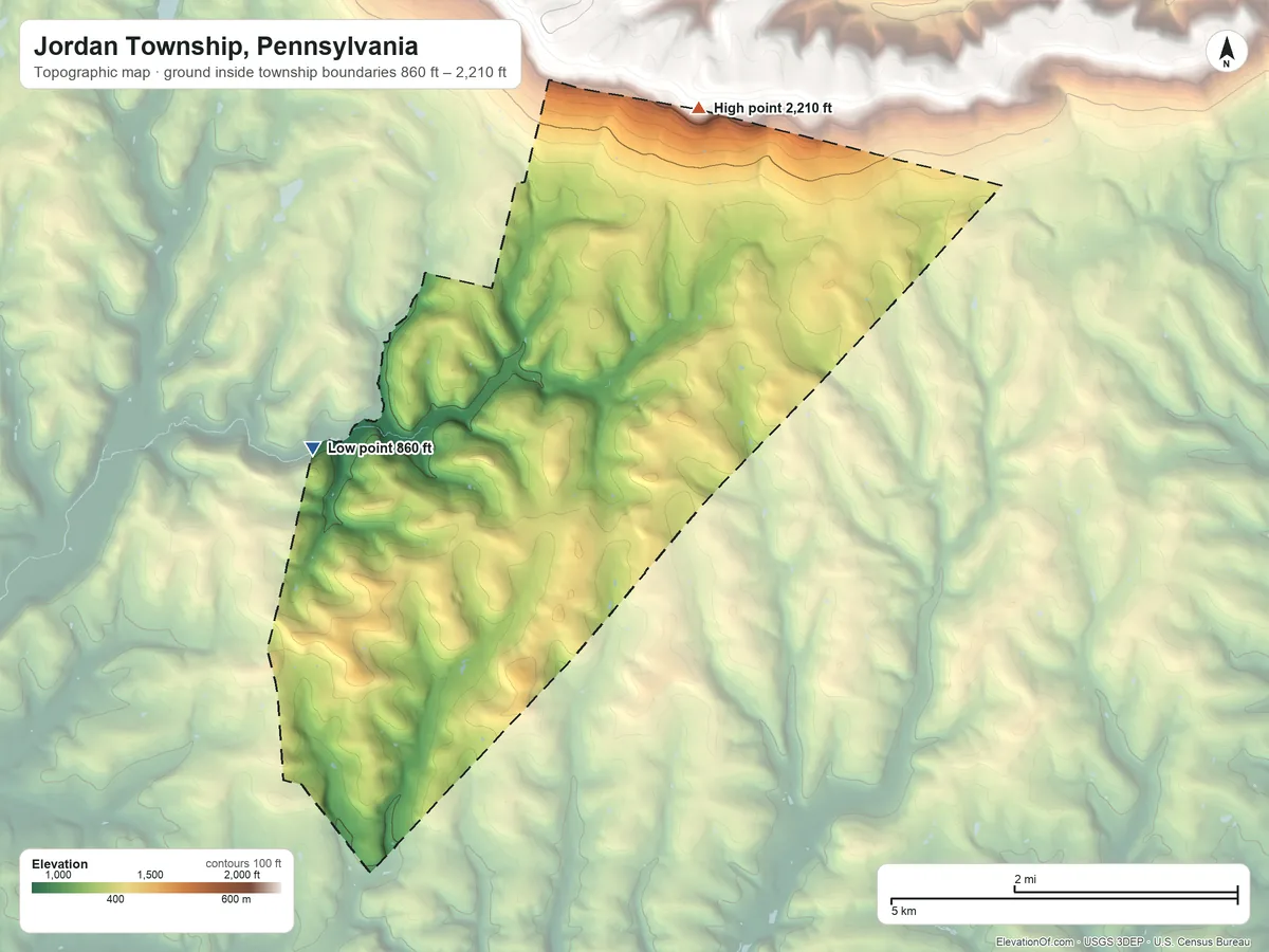 Topographic elevation map of Jordan Township, Pennsylvania, shaded from 860 ft on the west side to 2,210 ft at the foot of the Muncy Hills