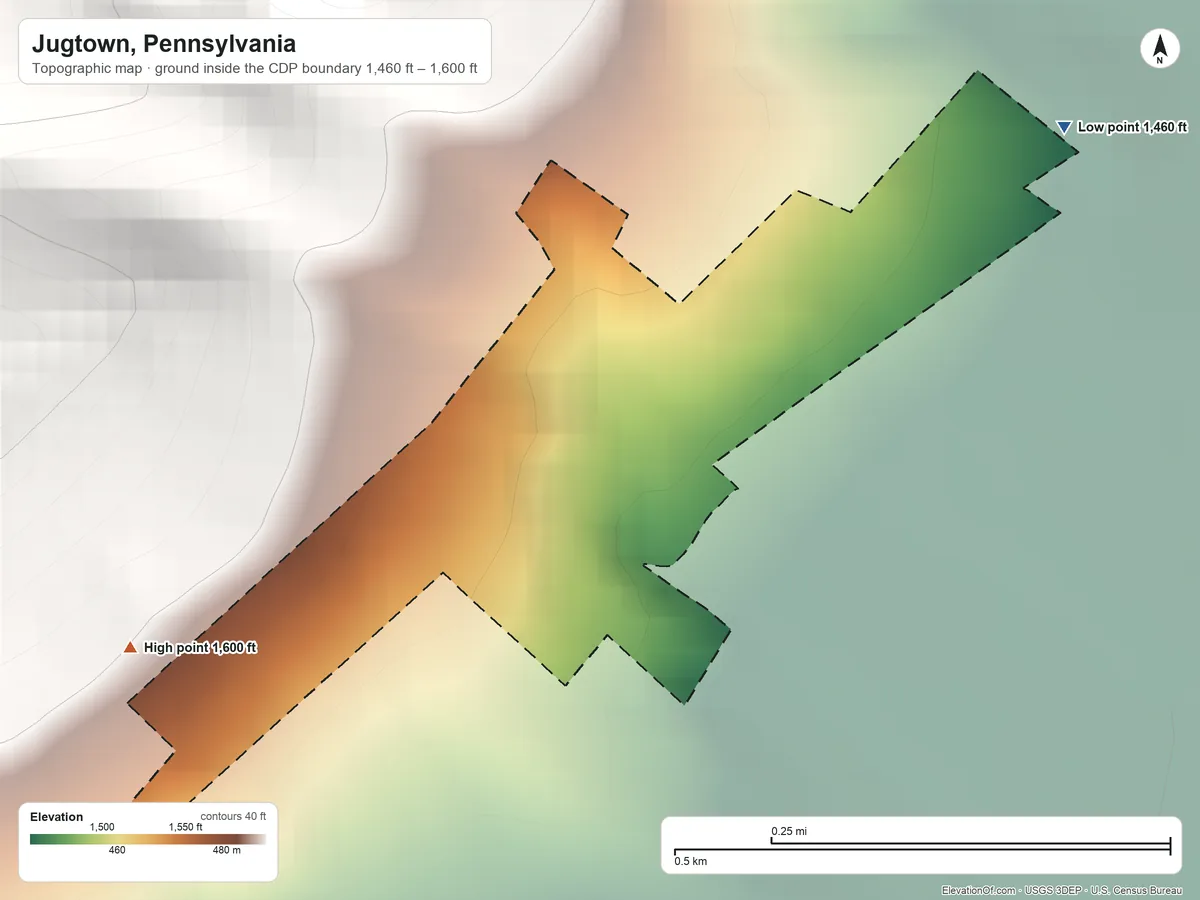 Topographic elevation map of Jugtown, Pennsylvania, shaded from 1,460 ft on the northeast side to 1,600 ft at the foot of the Tussey Mountain