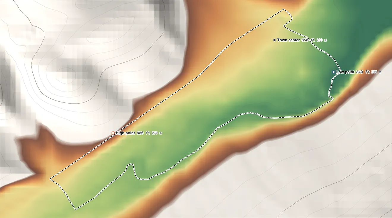 Topographic elevation map of Julian, Pennsylvania, shaded from 840 ft on the southeast side to 880 ft on the southwest edge, below higher ground just outside