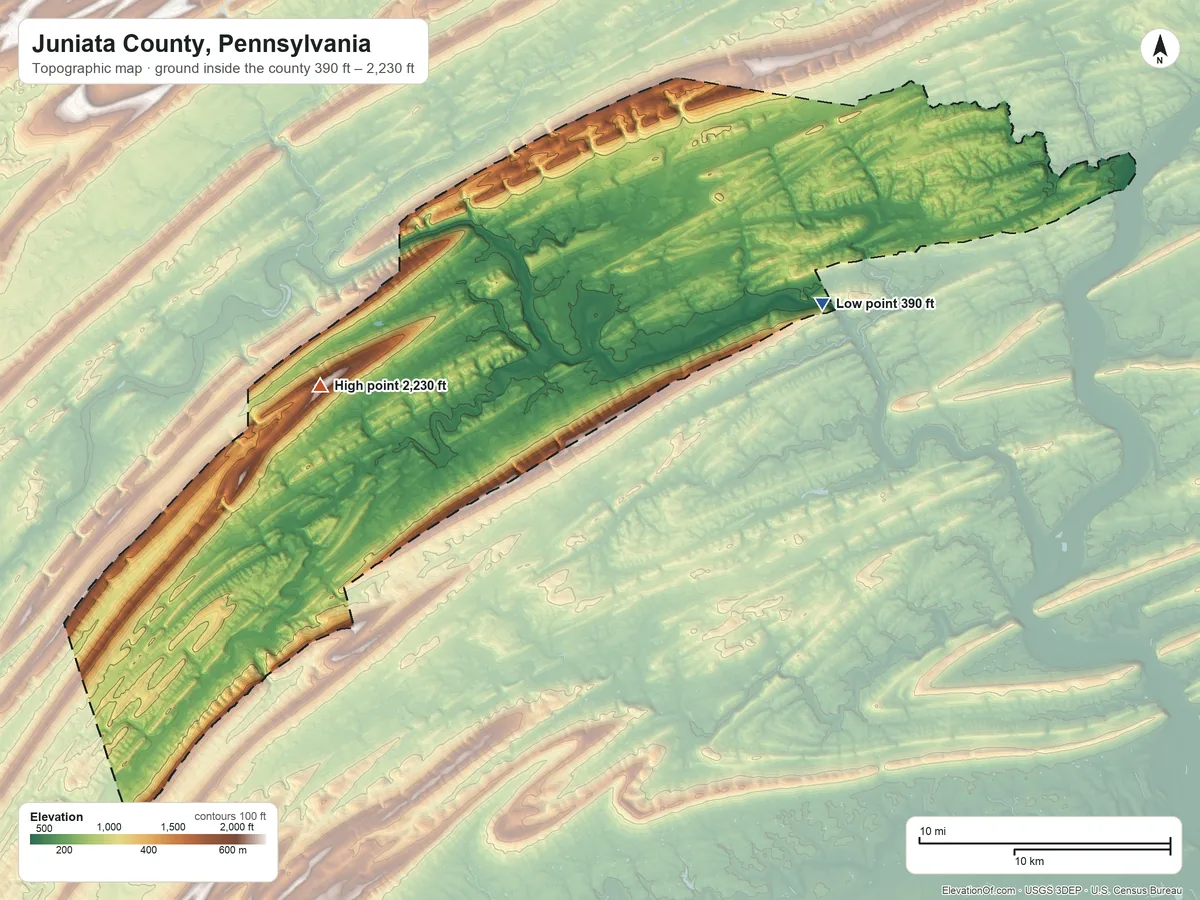Topographic elevation map of Juniata County, Pennsylvania, shaded from 390 ft on the northeast side to 2,230 ft on the west side
