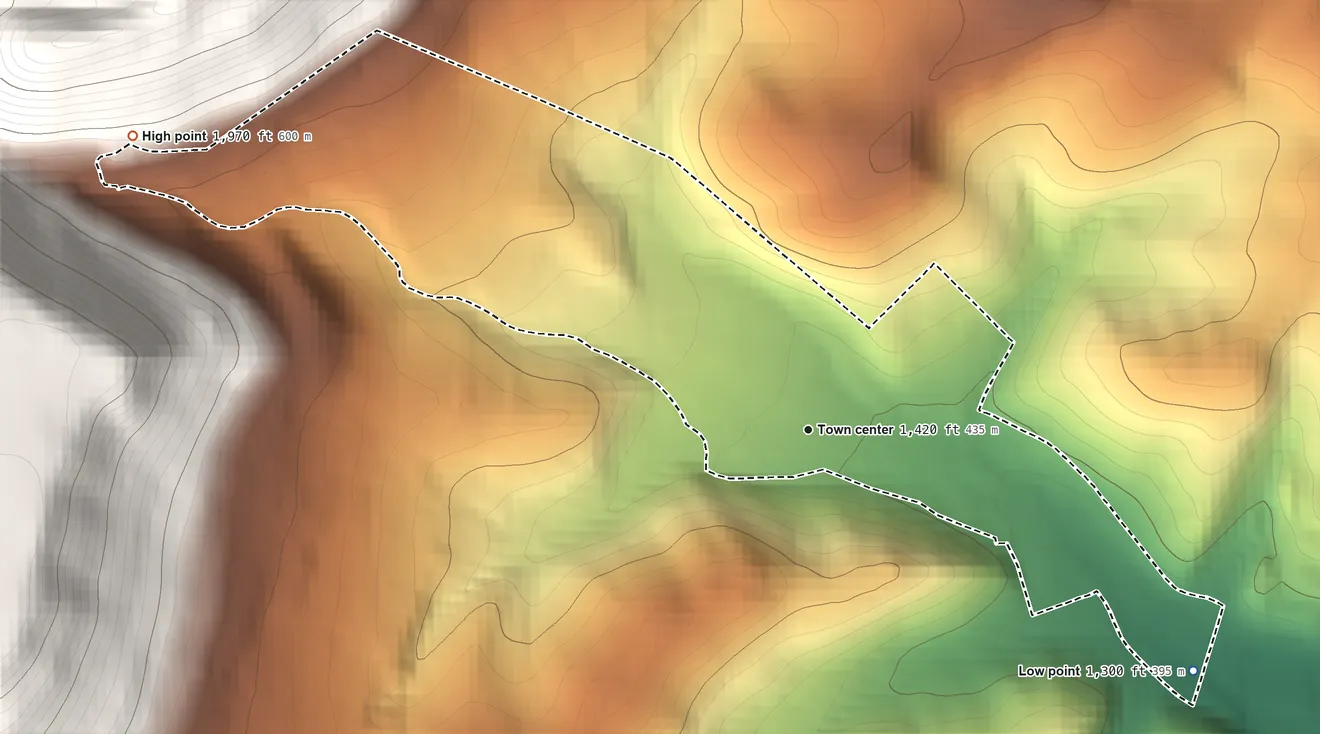 Topographic elevation map of Juniata Gap, Pennsylvania, shaded from 1,300 ft on the southeast side to 1,970 ft on the northwest edge, below higher ground just outside