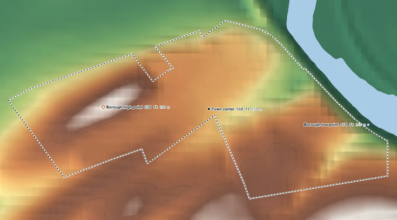 Topographic elevation map of Juniata Terrace, Pennsylvania, shaded from 470 ft on the east side to 630 ft at the foot of the Jacks Mountain
