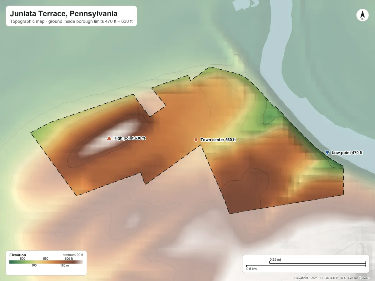 Topographic elevation map of Juniata Terrace, Pennsylvania, shaded from 470 ft on the east side to 630 ft at the foot of the Jacks Mountain