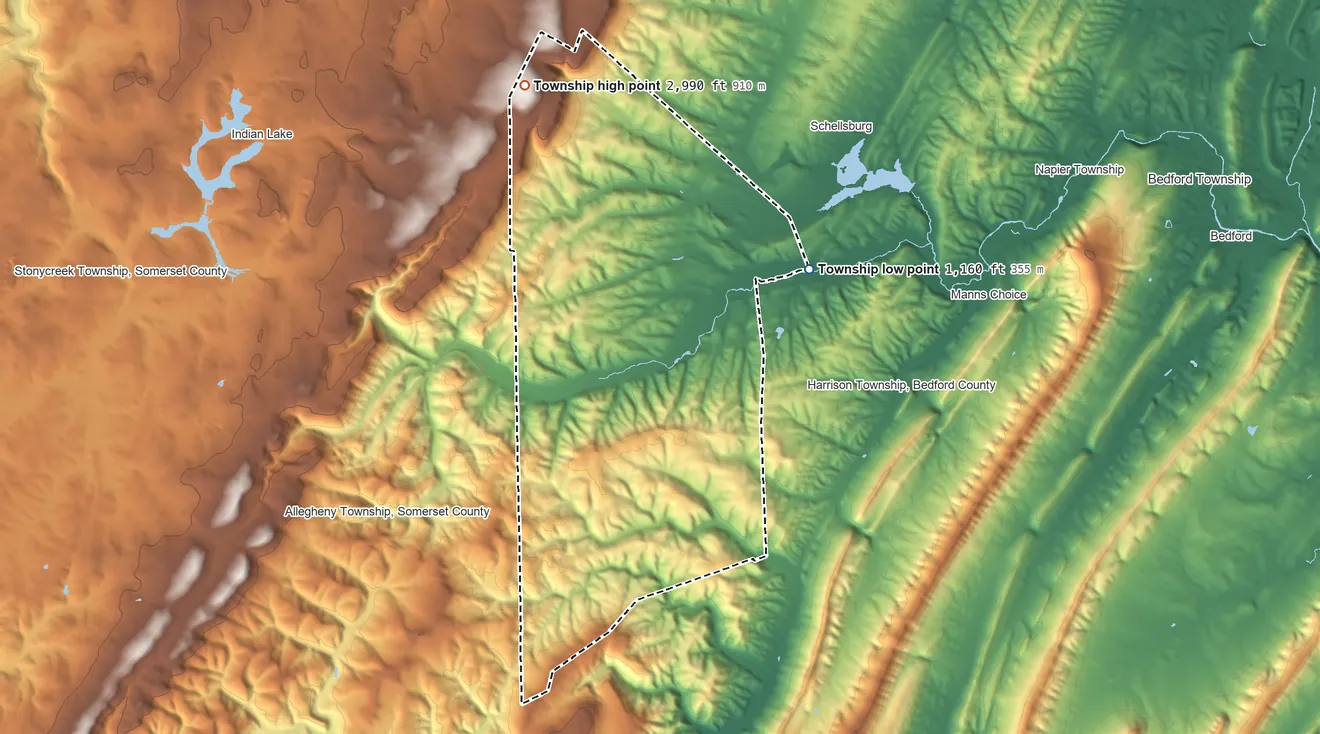 Topographic elevation map of Juniata Township, Bedford County, Pennsylvania, shaded from 1,160 ft on the east side to 2,990 ft on the northwest side
