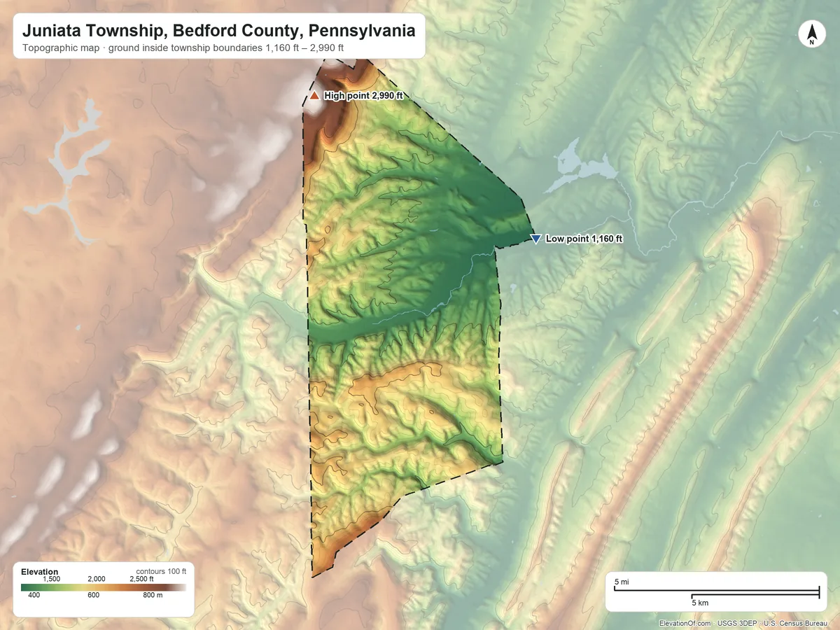 Topographic elevation map of Juniata Township, Bedford County, Pennsylvania, shaded from 1,160 ft on the east side to 2,990 ft on the northwest side