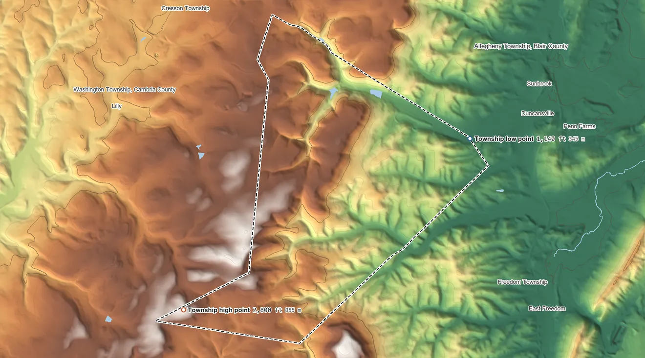 Topographic elevation map of Juniata Township, Blair County, Pennsylvania, shaded from 1,140 ft on the northeast side to 2,800 ft on the southwest side
