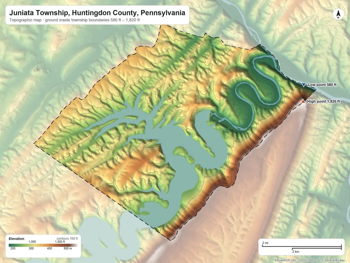 Topographic elevation map of Juniata Township, Huntingdon County, Pennsylvania, shaded from 580 ft on the east side to 1,820 ft on the east side