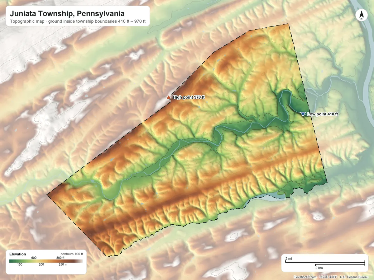 Topographic elevation map of Juniata Township, Pennsylvania, shaded from 410 ft on the northeast side to 970 ft on the northwest side
