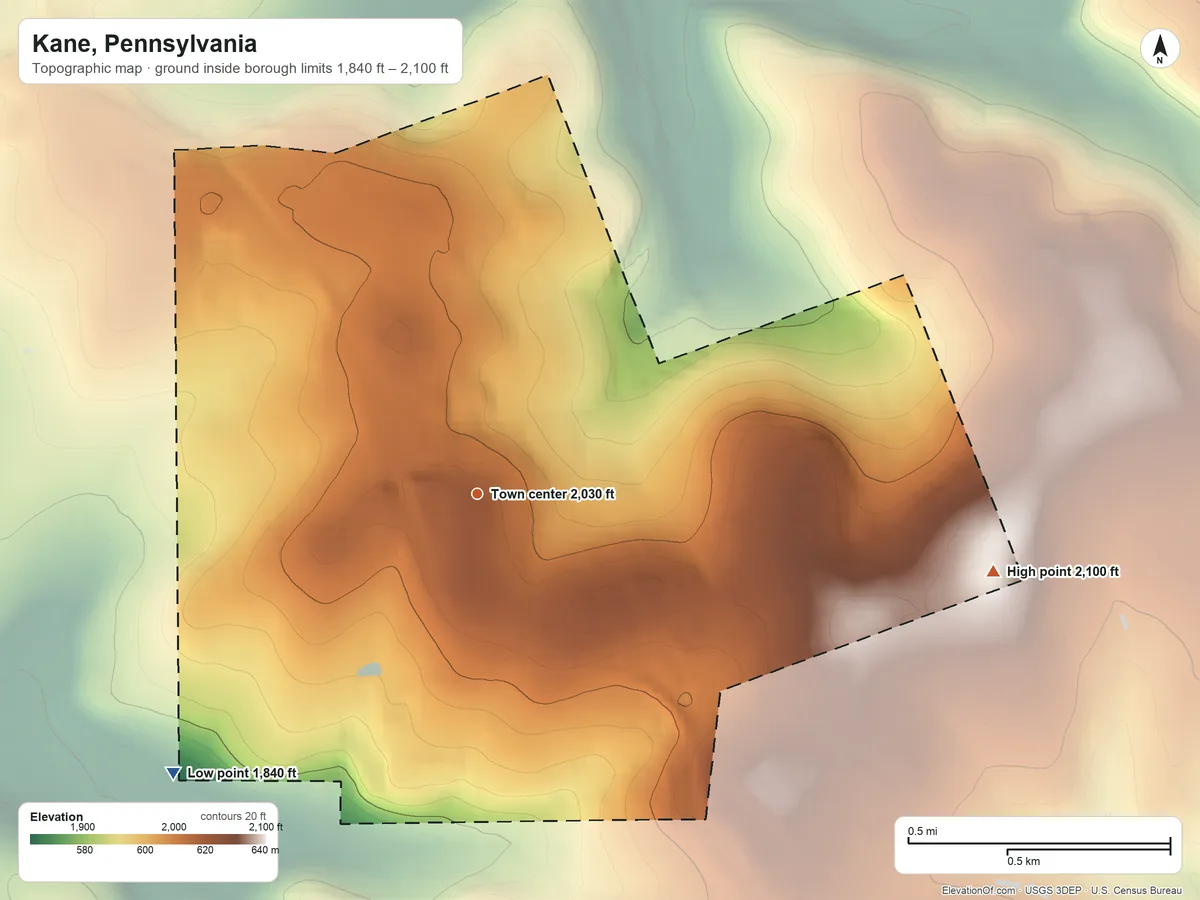 Topographic elevation map of Kane, Pennsylvania, shaded from 1,840 ft on the southwest side to 2,100 ft on Clarion Summit