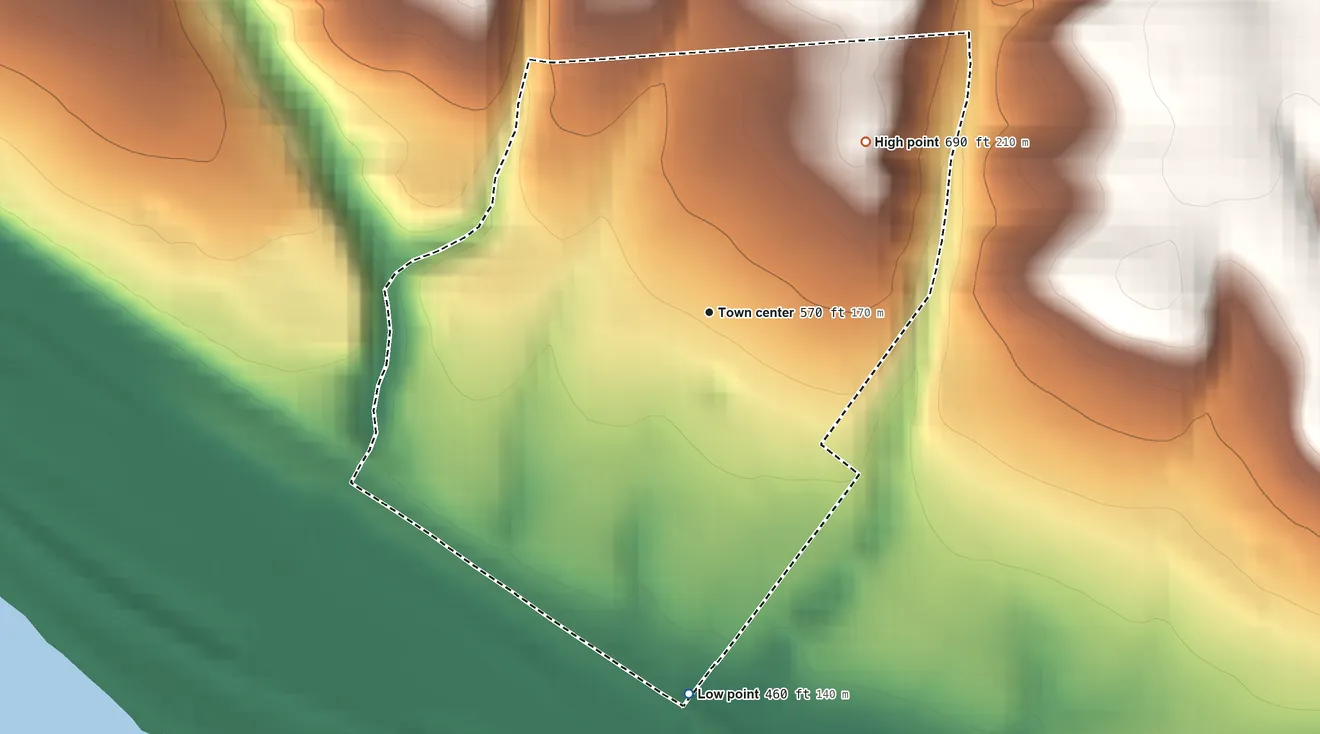 Topographic elevation map of Kapp Heights, Pennsylvania, shaded from 460 ft on the south side to 690 ft on the northeast side