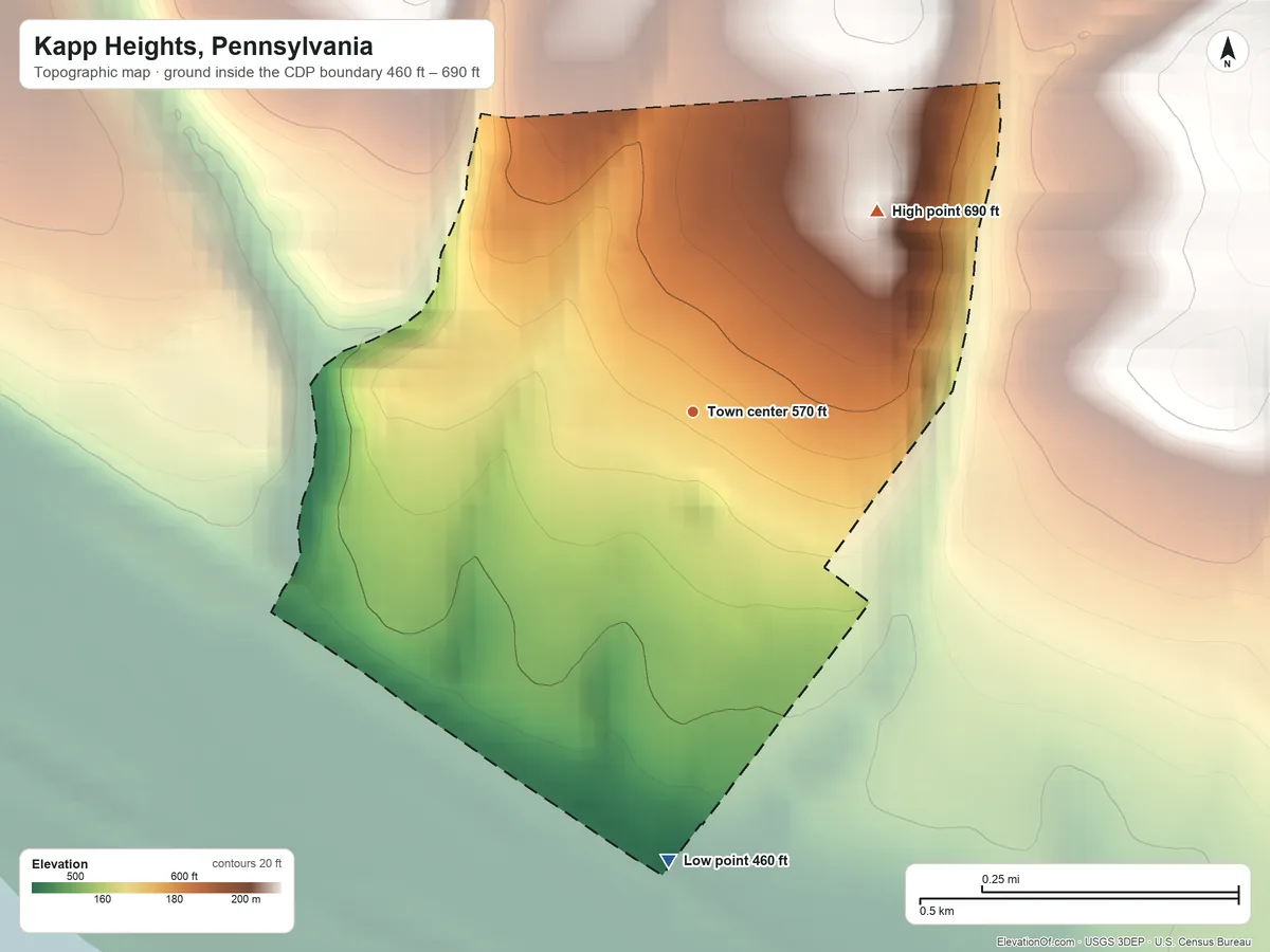 Topographic elevation map of Kapp Heights, Pennsylvania, shaded from 460 ft on the south side to 690 ft on the northeast side
