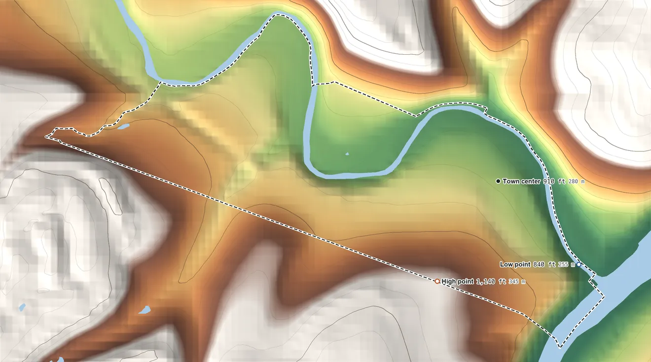 Topographic elevation map of Karthaus, Pennsylvania, shaded from 840 ft on the southeast side to 1,140 ft on the southwest side