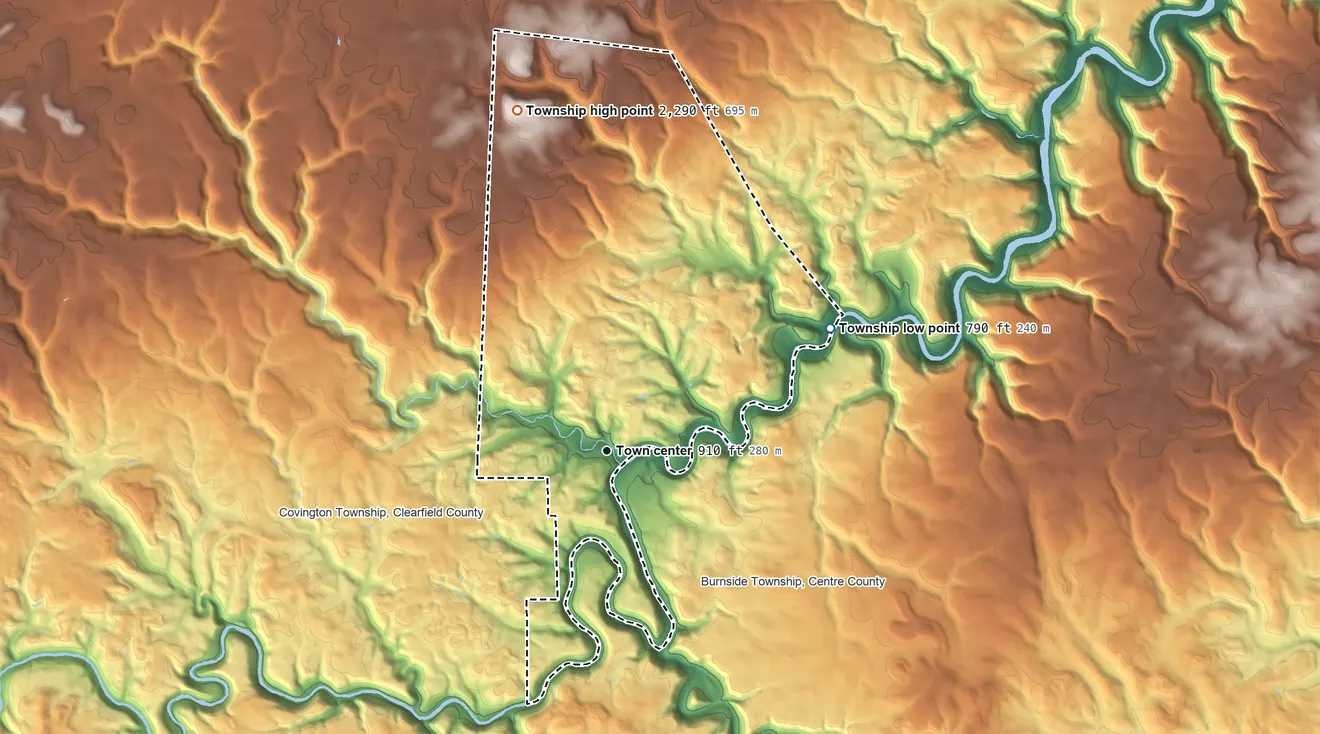 Topographic elevation map of Karthaus Township, Pennsylvania, shaded from 790 ft on the northeast side to 2,290 ft on the north side