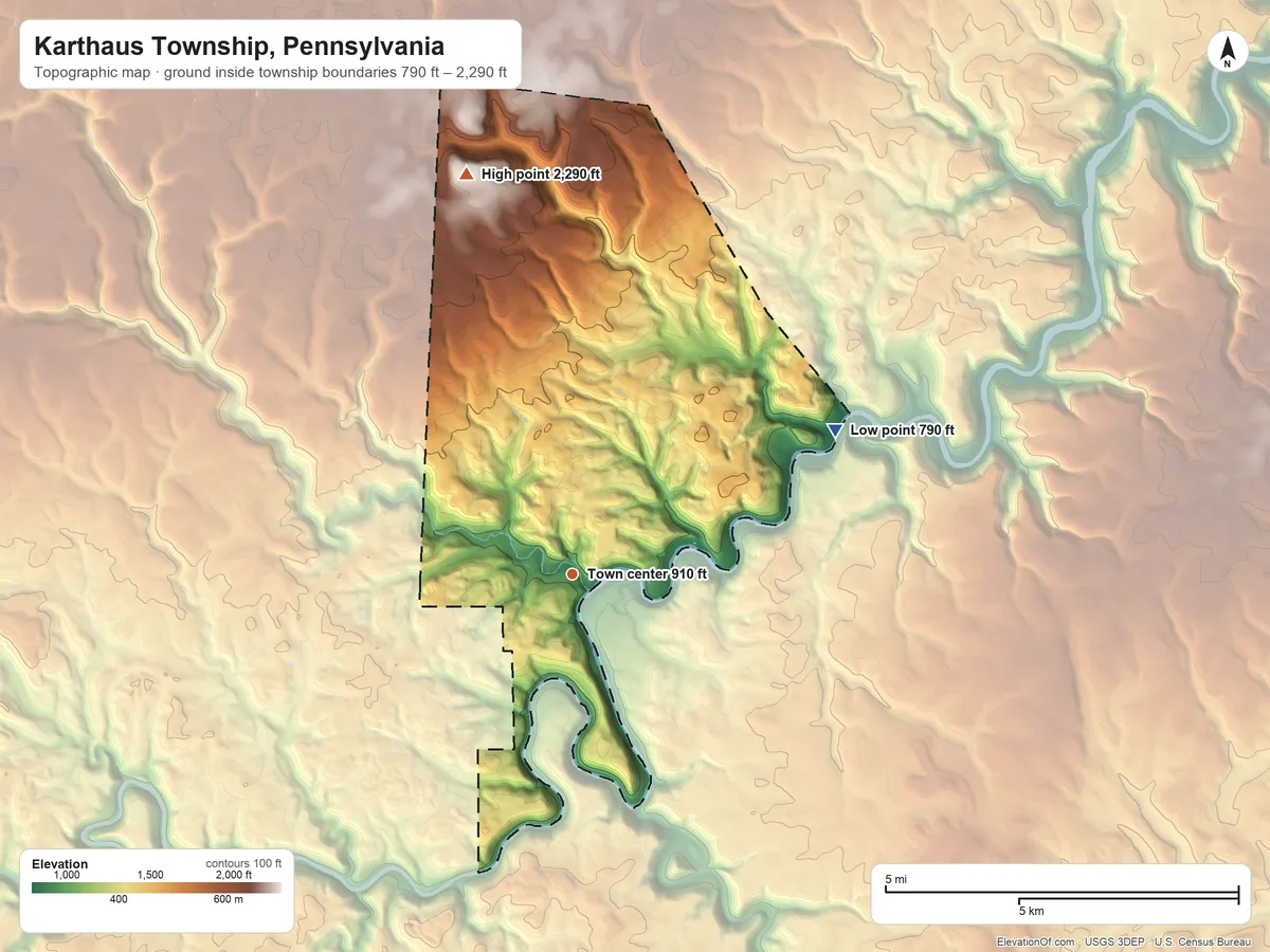 Topographic elevation map of Karthaus Township, Pennsylvania, shaded from 790 ft on the northeast side to 2,290 ft on the north side