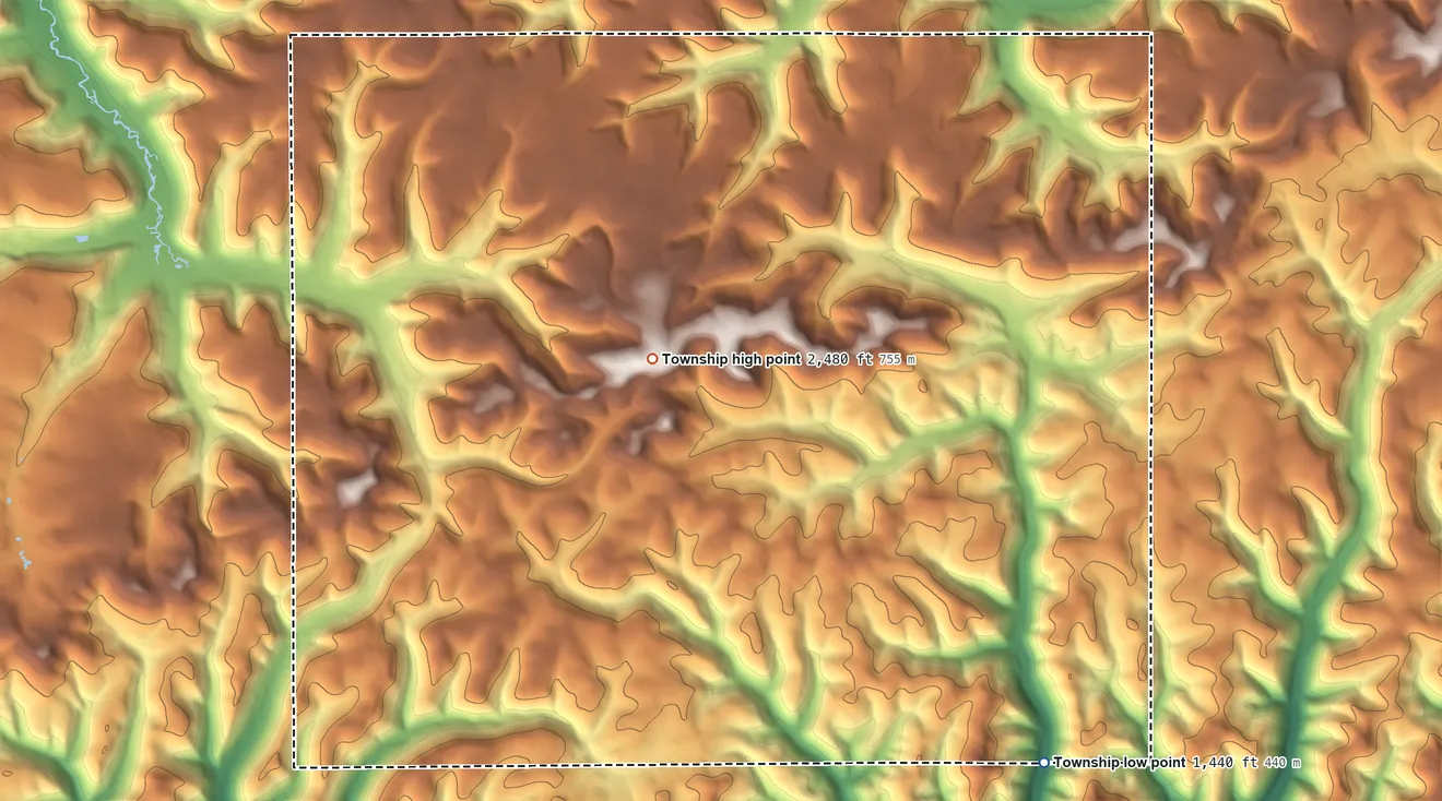 Topographic elevation map of Keating Township, Potter County, Pennsylvania, shaded from 1,440 ft on the southeast side to 2,480 ft on Lookout Mountain