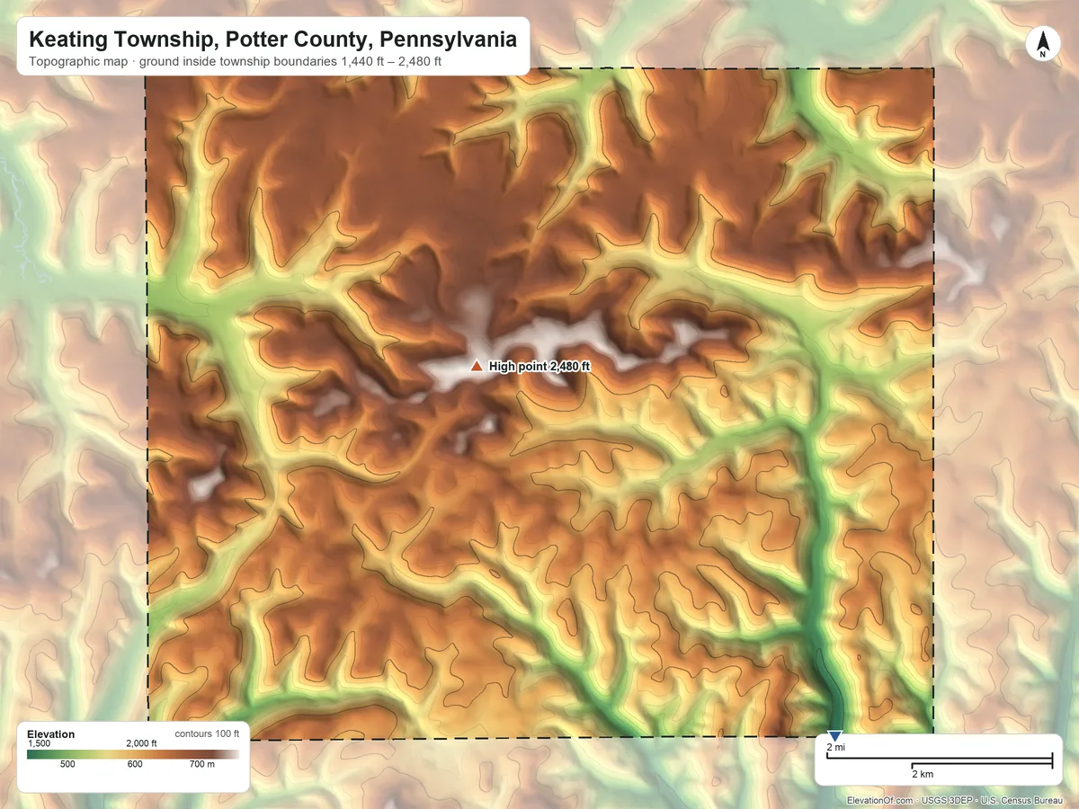 Topographic elevation map of Keating Township, Potter County, Pennsylvania, shaded from 1,440 ft on the southeast side to 2,480 ft on Lookout Mountain