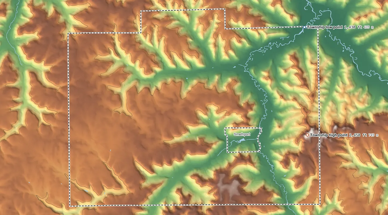 Topographic elevation map of Keating Township, Pennsylvania, shaded from 1,430 ft on the northeast side to 2,450 ft on Prospect Hill