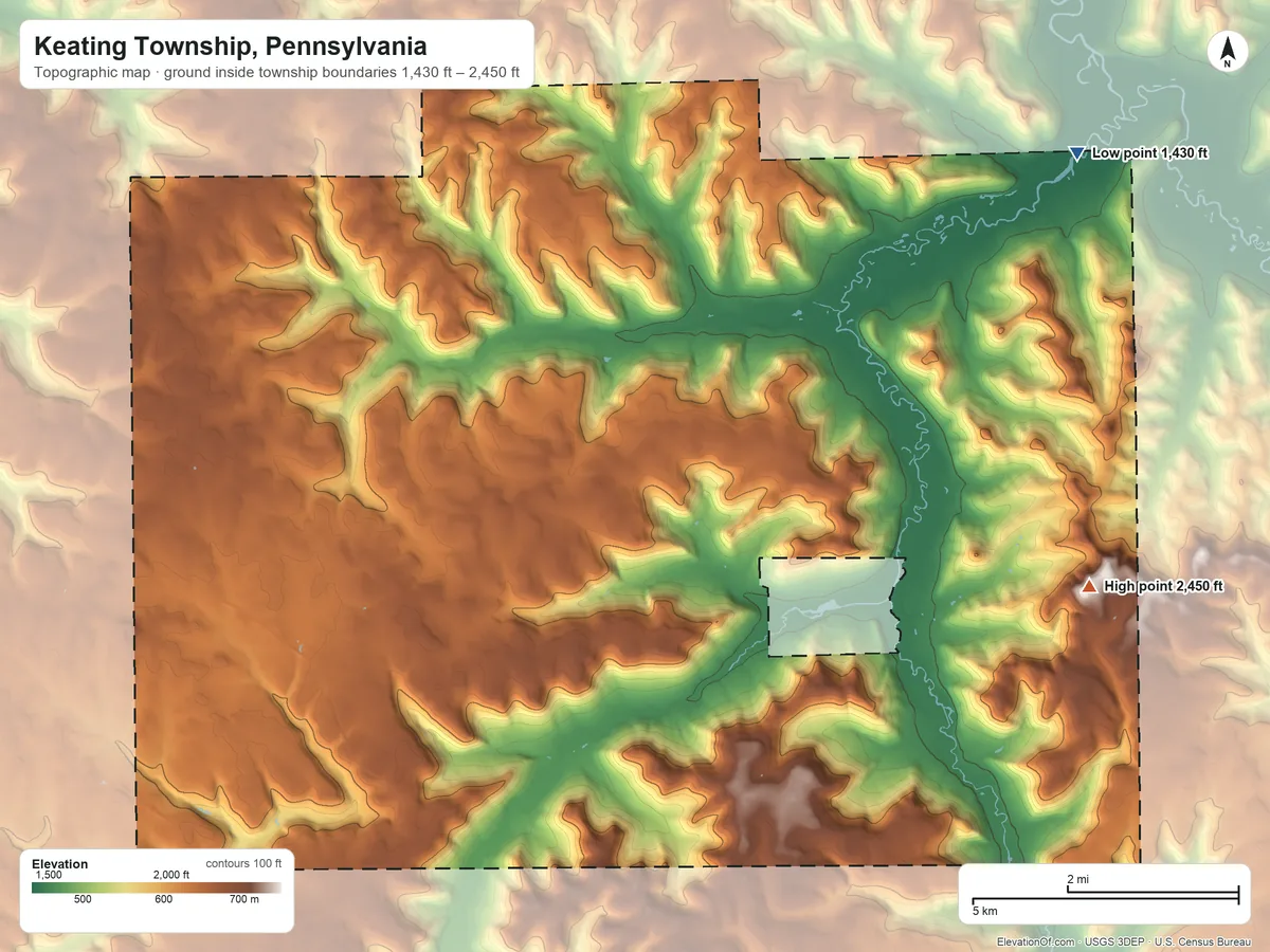 Topographic elevation map of Keating Township, Pennsylvania, shaded from 1,430 ft on the northeast side to 2,450 ft on Prospect Hill