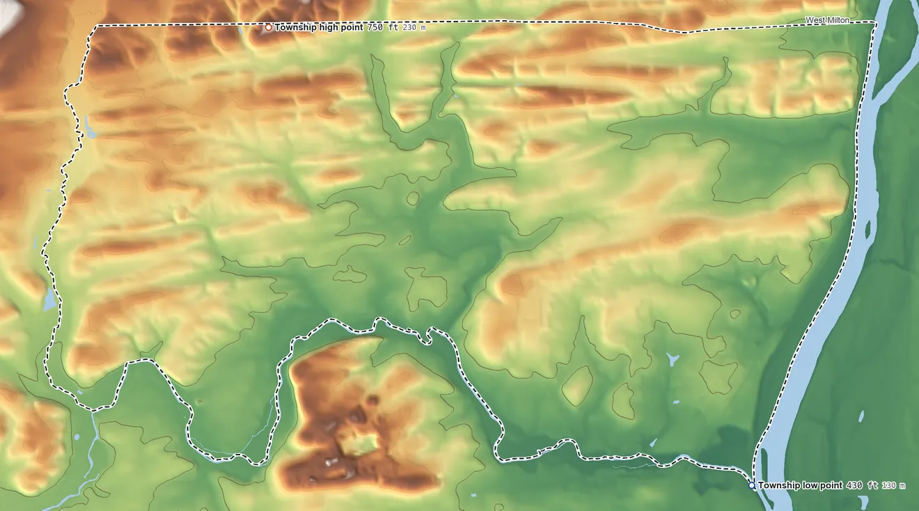 Topographic elevation map of Kelly Township, Pennsylvania, shaded from 430 ft on the southeast side to 750 ft on the northwest side