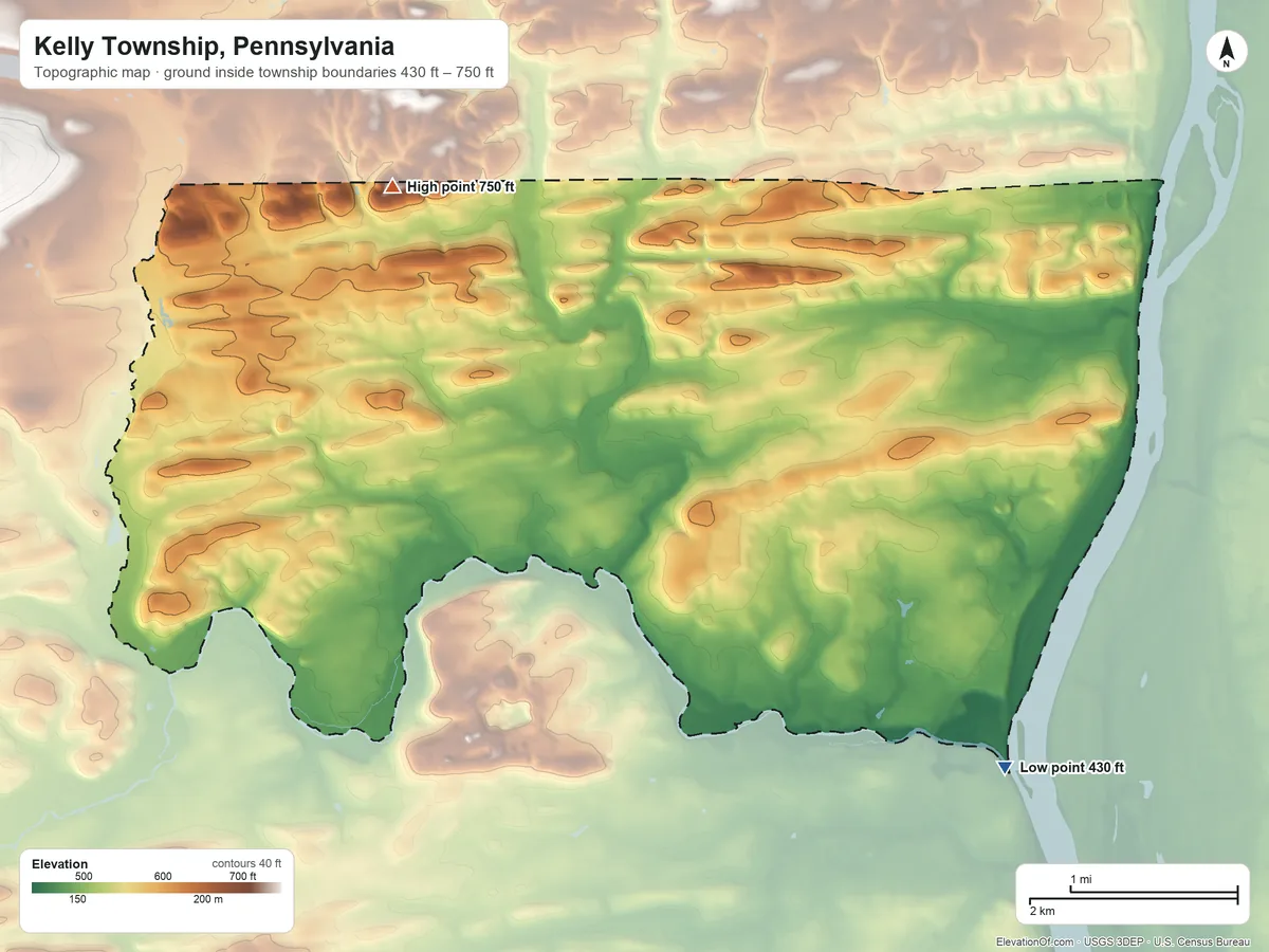 Topographic elevation map of Kelly Township, Pennsylvania, shaded from 430 ft on the southeast side to 750 ft on the northwest side