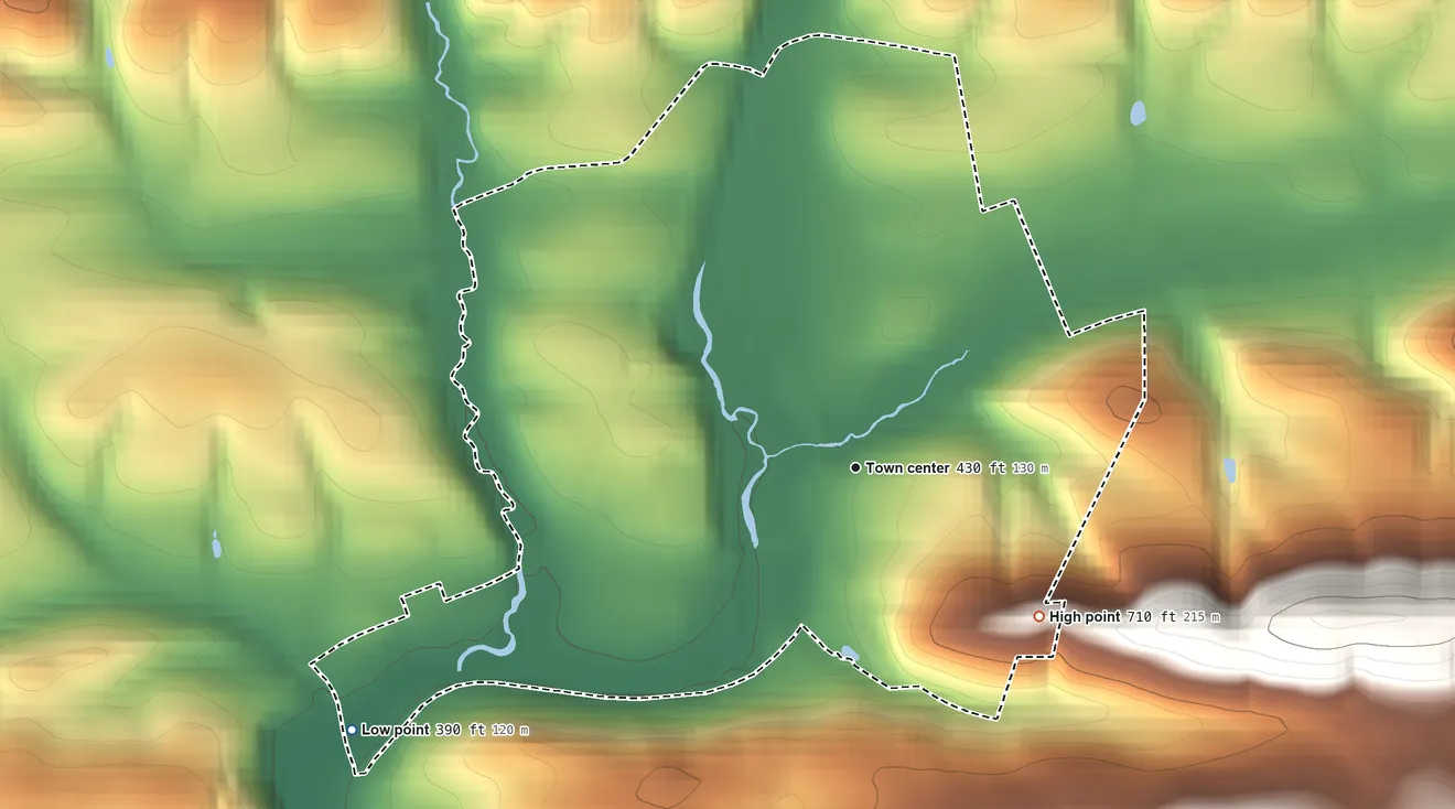 Topographic elevation map of Kempton, Pennsylvania, shaded from 390 ft on the southwest side to 710 ft on the southeast edge, below higher ground just outside