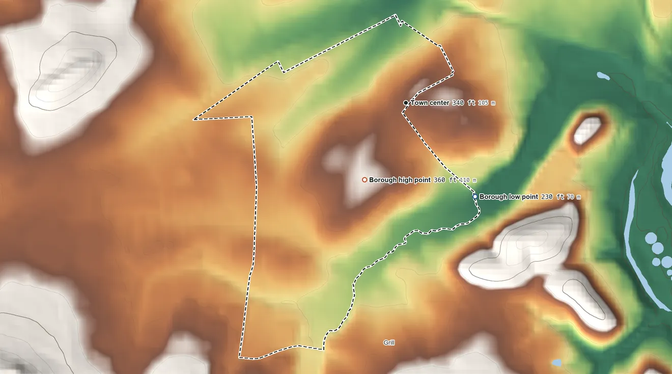 Topographic elevation map of Kenhorst, Pennsylvania, shaded from 230 ft on the southeast side to 360 ft at the foot of the South Mountain