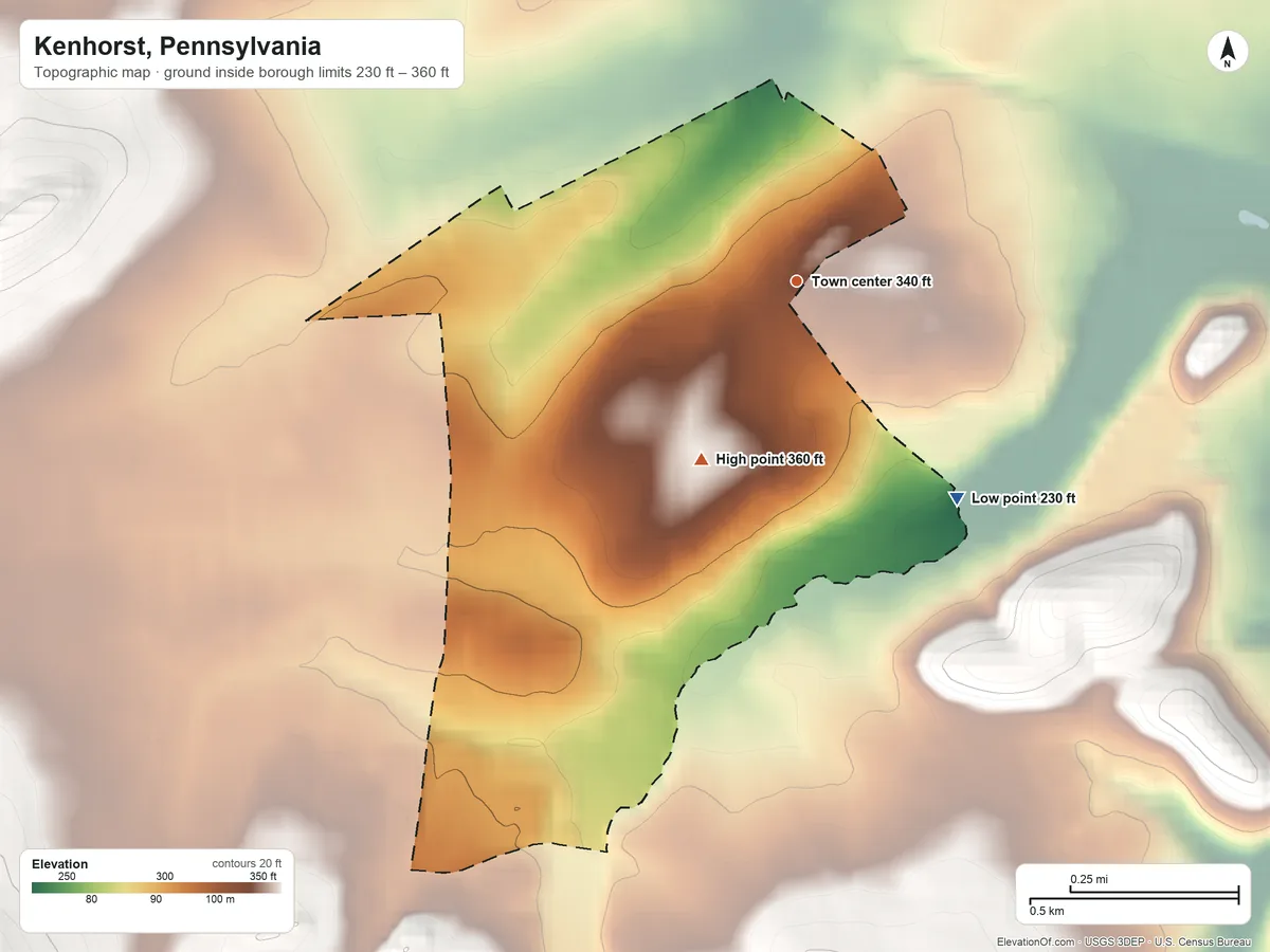 Topographic elevation map of Kenhorst, Pennsylvania, shaded from 230 ft on the southeast side to 360 ft at the foot of the South Mountain