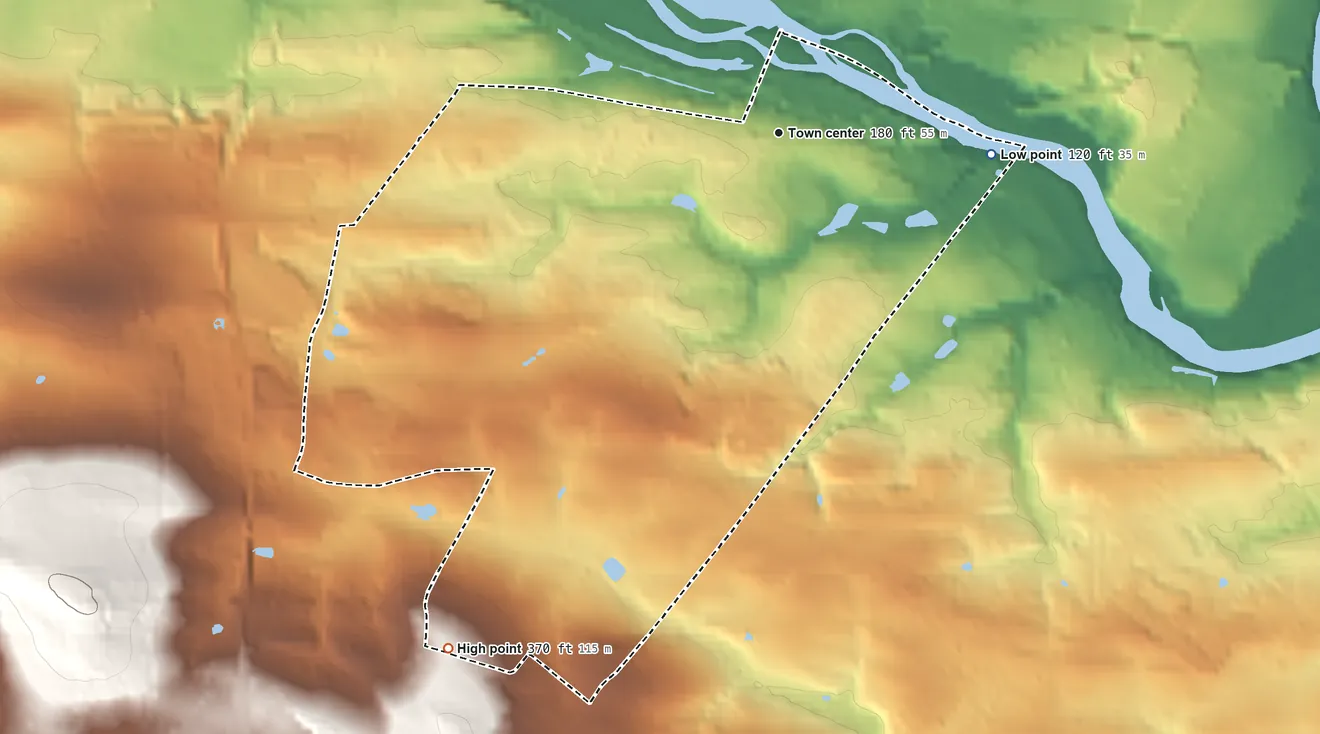 Topographic elevation map of Kenilworth, Pennsylvania, shaded from 120 ft on the east side to 370 ft on the southwest side