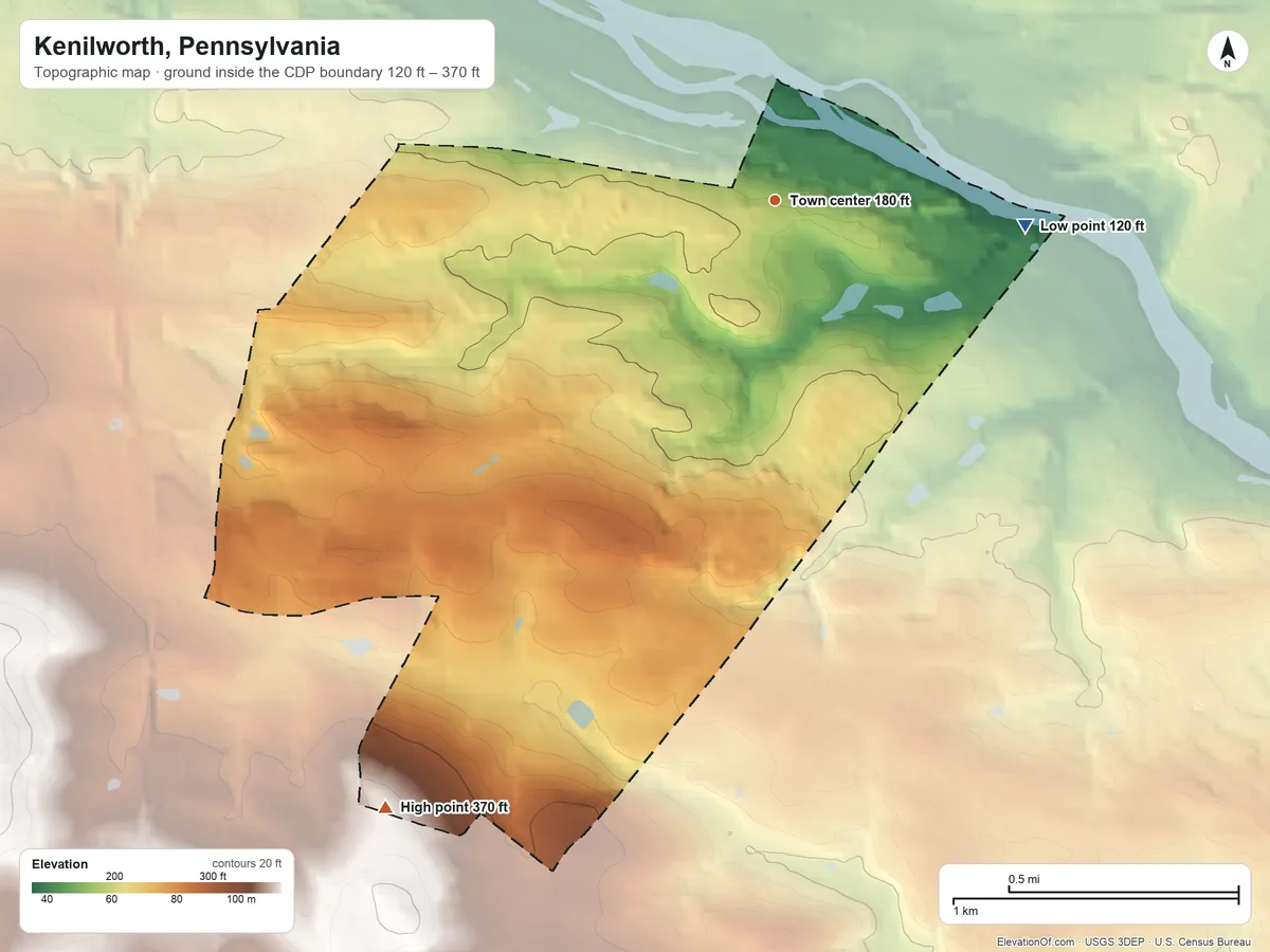 Topographic elevation map of Kenilworth, Pennsylvania, shaded from 120 ft on the east side to 370 ft on the southwest side