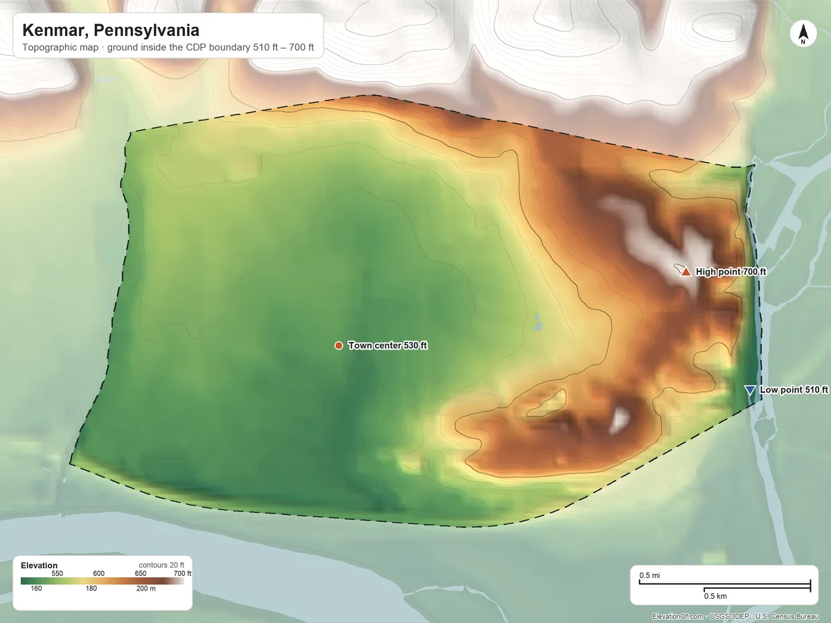 Topographic elevation map of Kenmar, Pennsylvania, shaded from 510 ft on the east side to 700 ft on the east side