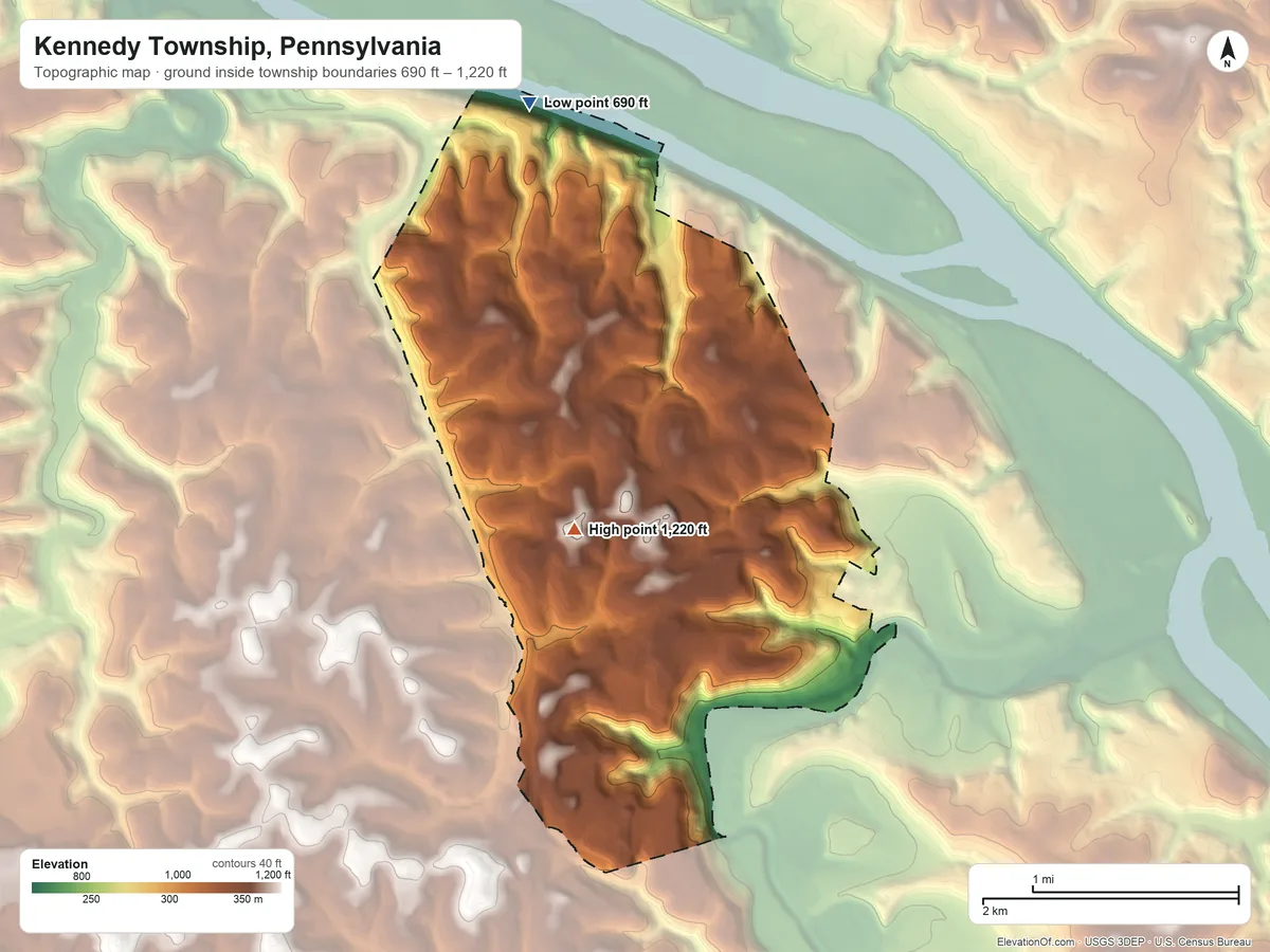 Topographic elevation map of Kennedy Township, Pennsylvania, shaded from 690 ft on the north side to 1,220 ft near the middle