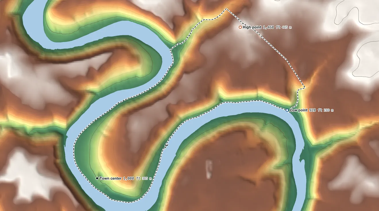 Topographic elevation map of Kennerdell, Pennsylvania, shaded from 920 ft on the east side to 1,460 ft on the northeast side