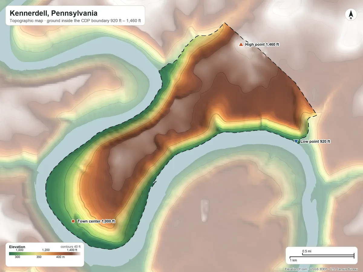 Topographic elevation map of Kennerdell, Pennsylvania, shaded from 920 ft on the east side to 1,460 ft on the northeast side