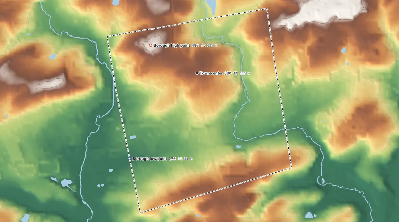 Topographic elevation map of Kennett Square, Pennsylvania, shaded from 270 ft on the southwest side to 410 ft on the northwest side