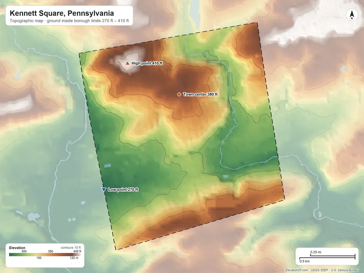Topographic elevation map of Kennett Square, Pennsylvania, shaded from 270 ft on the southwest side to 410 ft on the northwest side