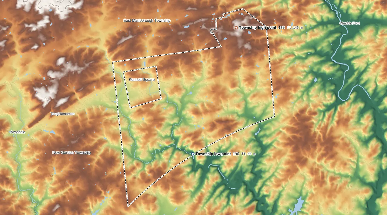 Topographic elevation map of Kennett Township, Pennsylvania, shaded from 190 ft on the south side to 480 ft on the northeast side