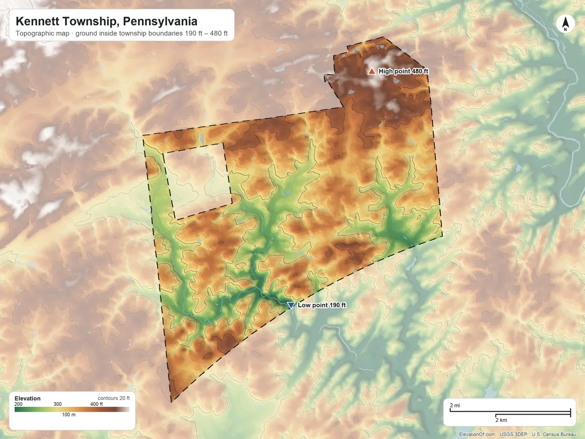 Topographic elevation map of Kennett Township, Pennsylvania, shaded from 190 ft on the south side to 480 ft on the northeast side