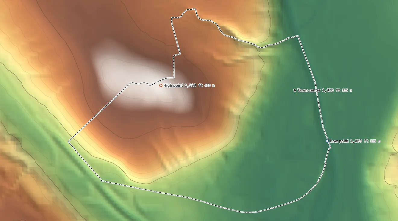 Topographic elevation map of Kerrtown, Pennsylvania, shaded from 1,060 ft on the southeast side to 1,500 ft on the west side