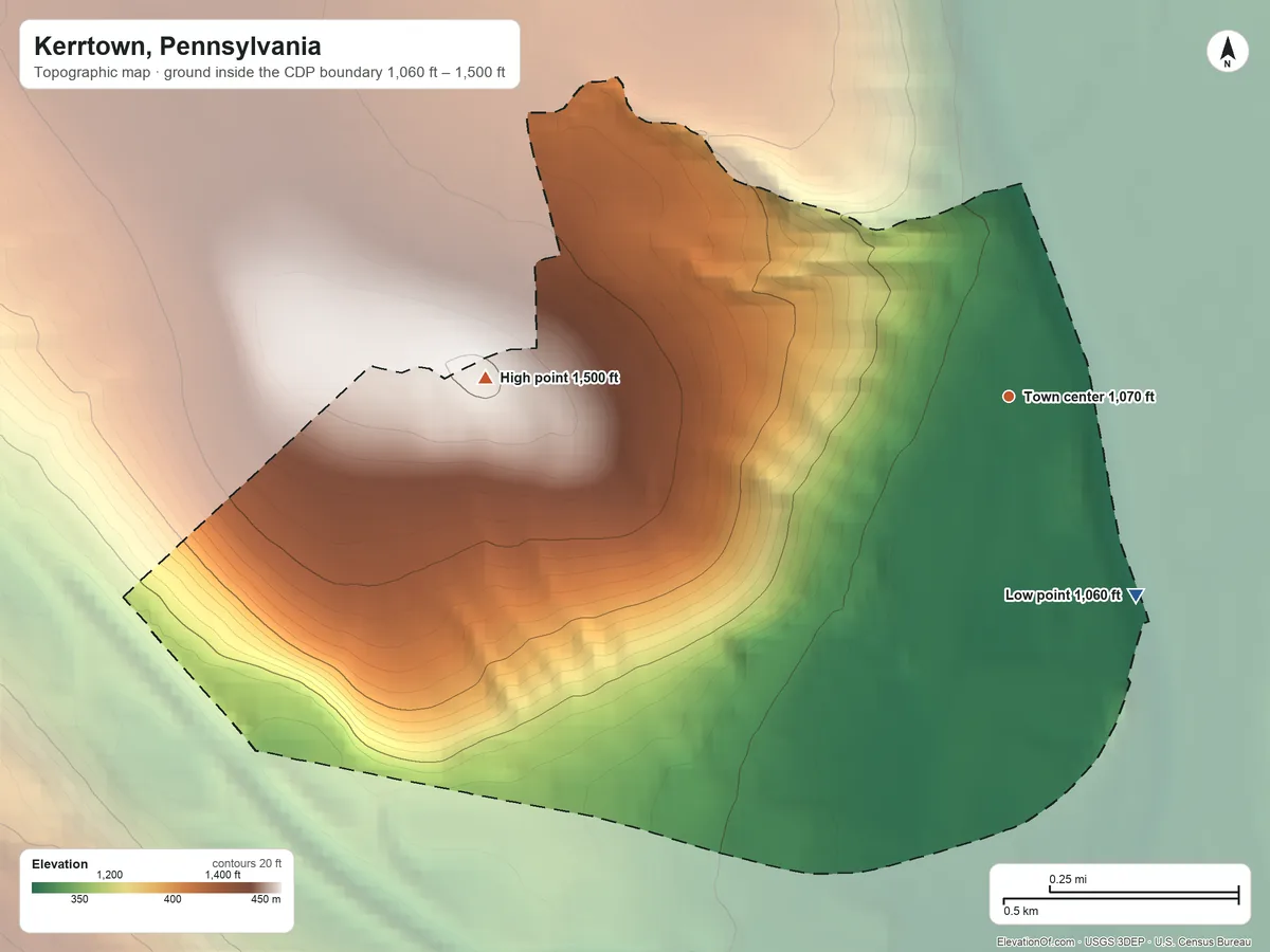 Topographic elevation map of Kerrtown, Pennsylvania, shaded from 1,060 ft on the southeast side to 1,500 ft on the west side