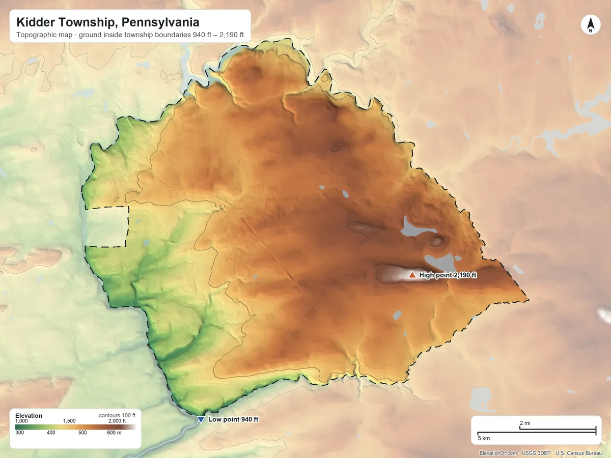Topographic elevation map of Kidder Township, Pennsylvania, shaded from 940 ft on the southwest side to 2,190 ft on Lake Mountain